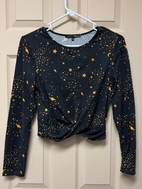 Daisy May Black Long-sleeve Space-themed Crop Shirt